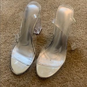 Fashion nova , clear square heels , sliver accent